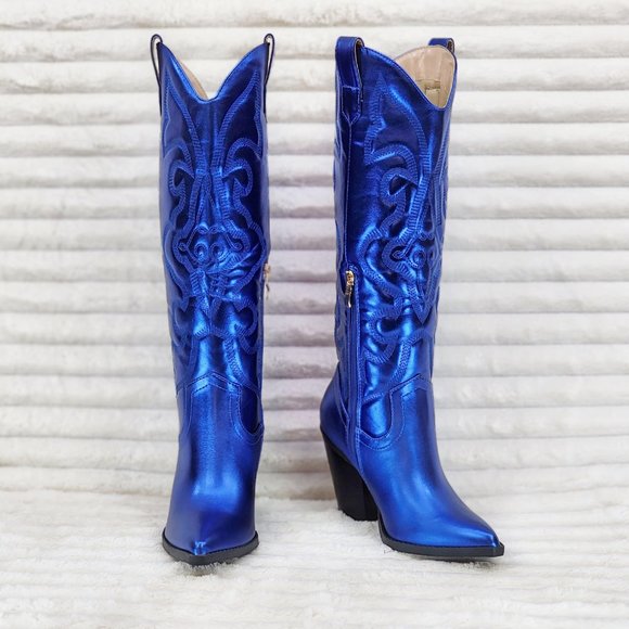 Metallic Western Knee High Cowgirl Cowboy Boots - Royal Blue Cobalt Blue - Picture 3 of 16